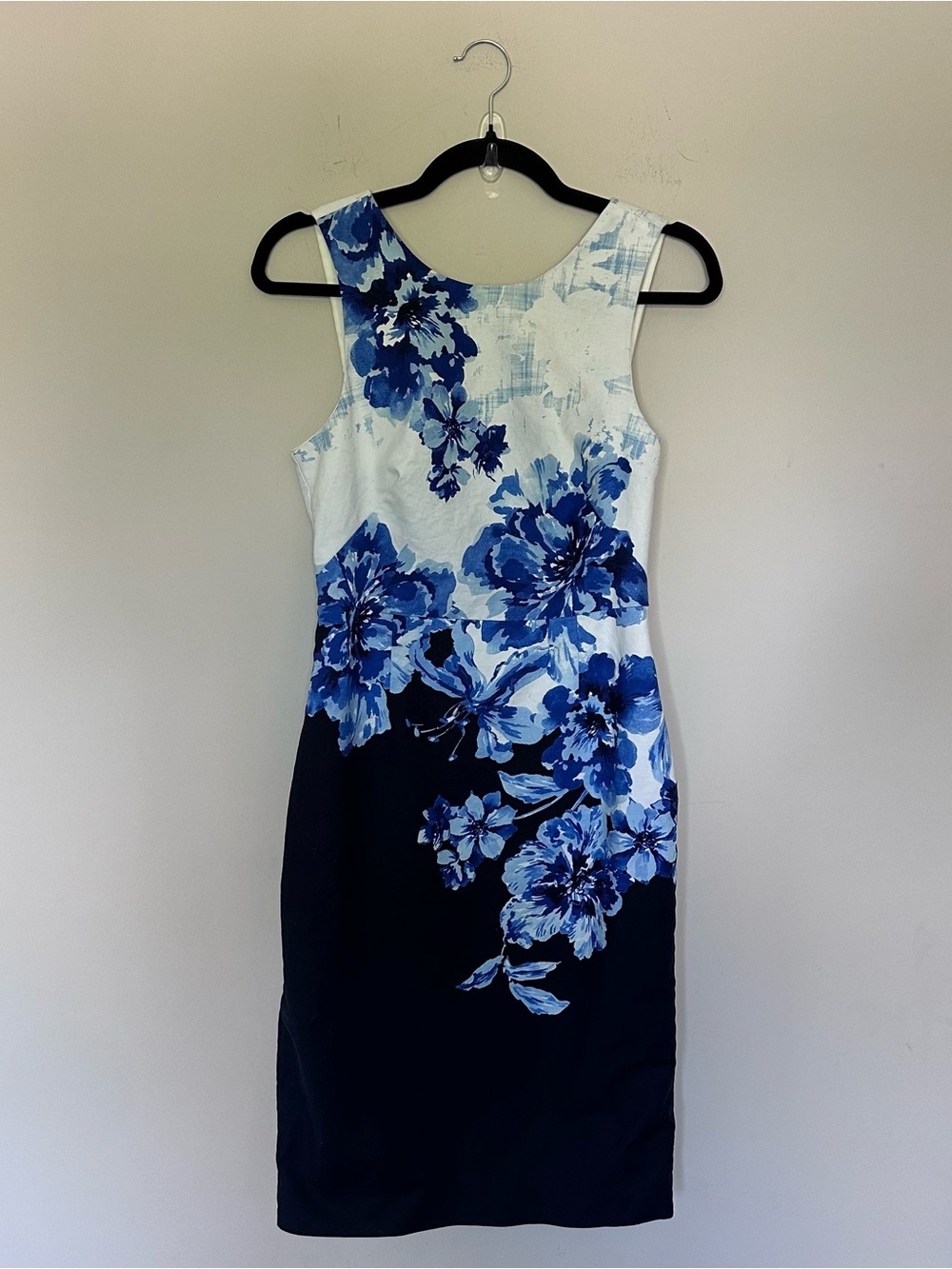 Maeve Blue and White Floral Midi Sheath Dress